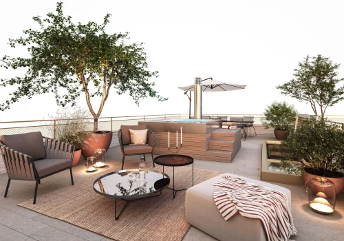 Dachterrasse mit Lounge-Möbeln, Pflanzen und Whirlpool.